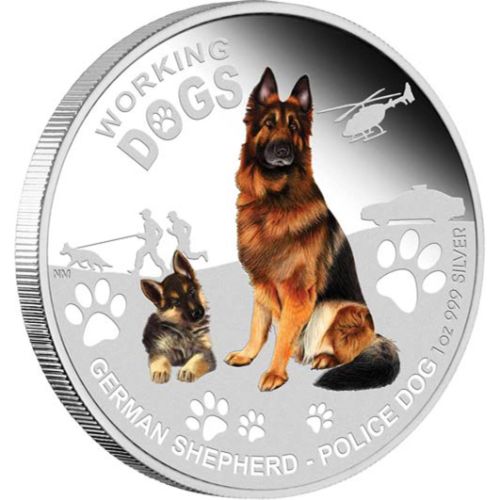 Tuvalu 2011 $1 Working Dogs German Shepard Police Dog 1oz Silver Coloured Proof Coin