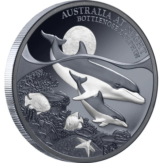 Niue 2025 $1 Australia At Night Bottlenose Dolphin 1oz Silver Black Proof Coin