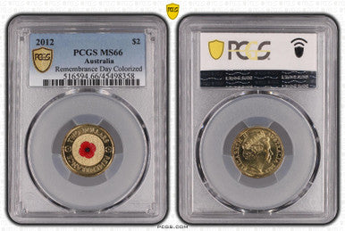 2012 $2 Remembrance Day Coloured Uncirculated Coin PCGS MS66