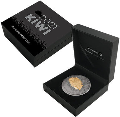NZ 2021 $10 Kiwi Selectively Gold Plated 5oz Silver Proof Coin