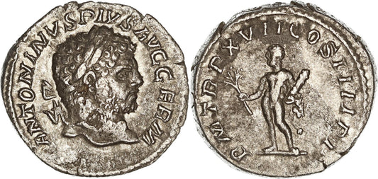 Roman Empire, Caracalla, Silver Denarius, 214 AD, nVF