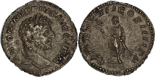 Roman Empire, Caracalla, Silver Denarius, 214 AD, VF+