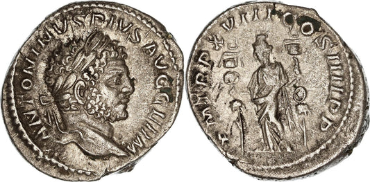 Roman Empire, Caracalla, Silver Denarius, 215 AD, nVF