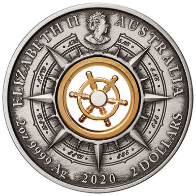 2020 $2 Voyage of Discovery Endeavour Rotating Helm 2oz Silver Antiqued Coin