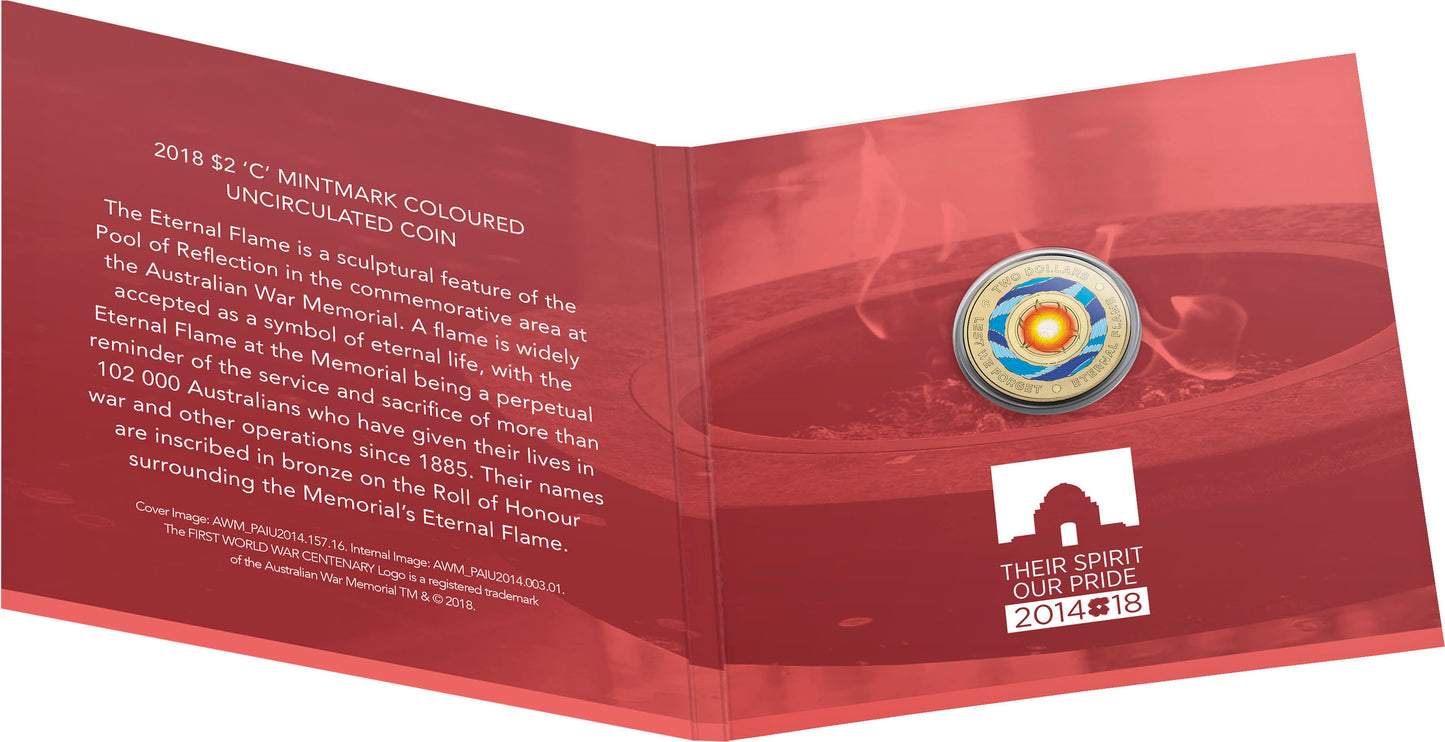 2018 $2 Lest We Forget Eternal Flame 'C' Mintmark Coloured Uncirculated Coin