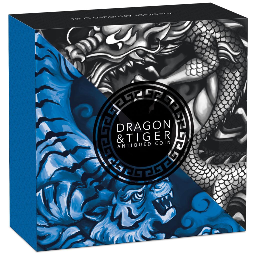 Tuvalu 2021 $2 Chinese Mythical Creatures Dragon & Tiger 2oz Silver Antiqued Coin