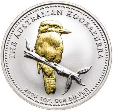 2005 $1 Australian Kookaburra 1oz Silver Gilded Coin – Town Hall