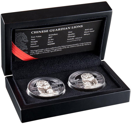 Palau 2017 $10 Chinese Guardian Lions 2oz Silver Black Proof 2 Coin Set
