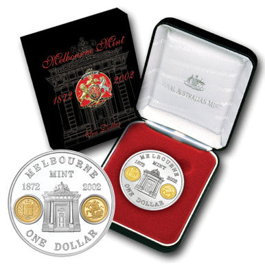 2002 $1 Melbourne Mint 130th Anniversary with Gold Inserts 1oz Silver Proof Coin