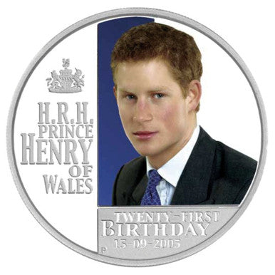 2005 $1 H.R.H. Prince Henry of Wales 21st Birthday 1oz Silver Coloured Proof Coin