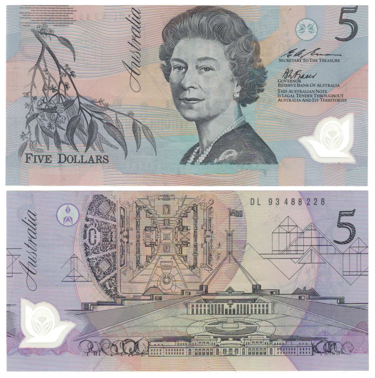 1993 $5 Fraser/Evans R216 Alignment on Obverse Error Extremely Fine Banknote
