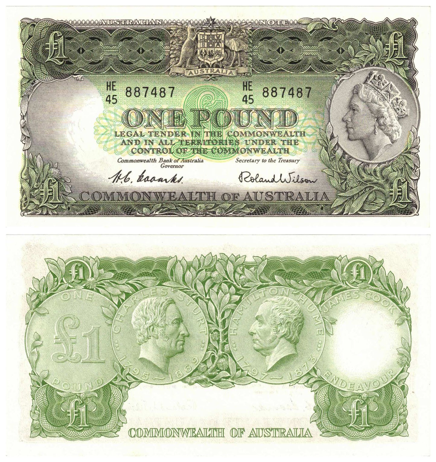1953 One Pound Coombs/Wilson R33 Commonwealth of Australia Uncirculated Consecutive Pair of Banknotes