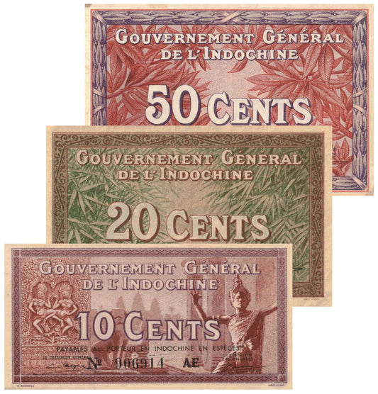 French Indo China ND (1939) 10/20/50 Cents #85d/86d/87d About Uncirculated to Uncirculated Set of 3 Banknotes
