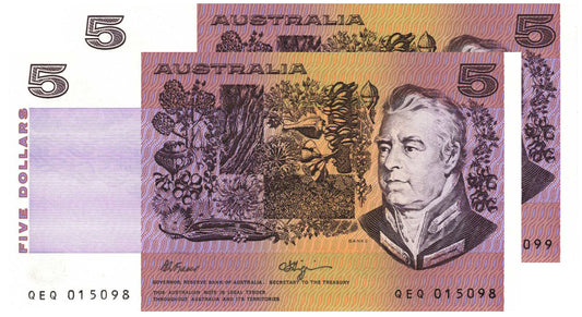 1990 $5 Fraser/Higgins R212 Uncirculated Consecutive Pair of Banknotes