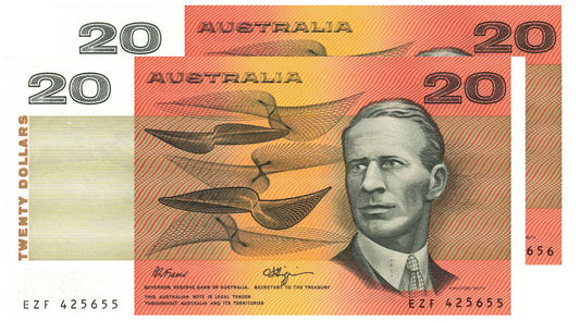1989 $20 Fraser/Higgins R412 Uncirculated Consecutive Pair of Banknotes