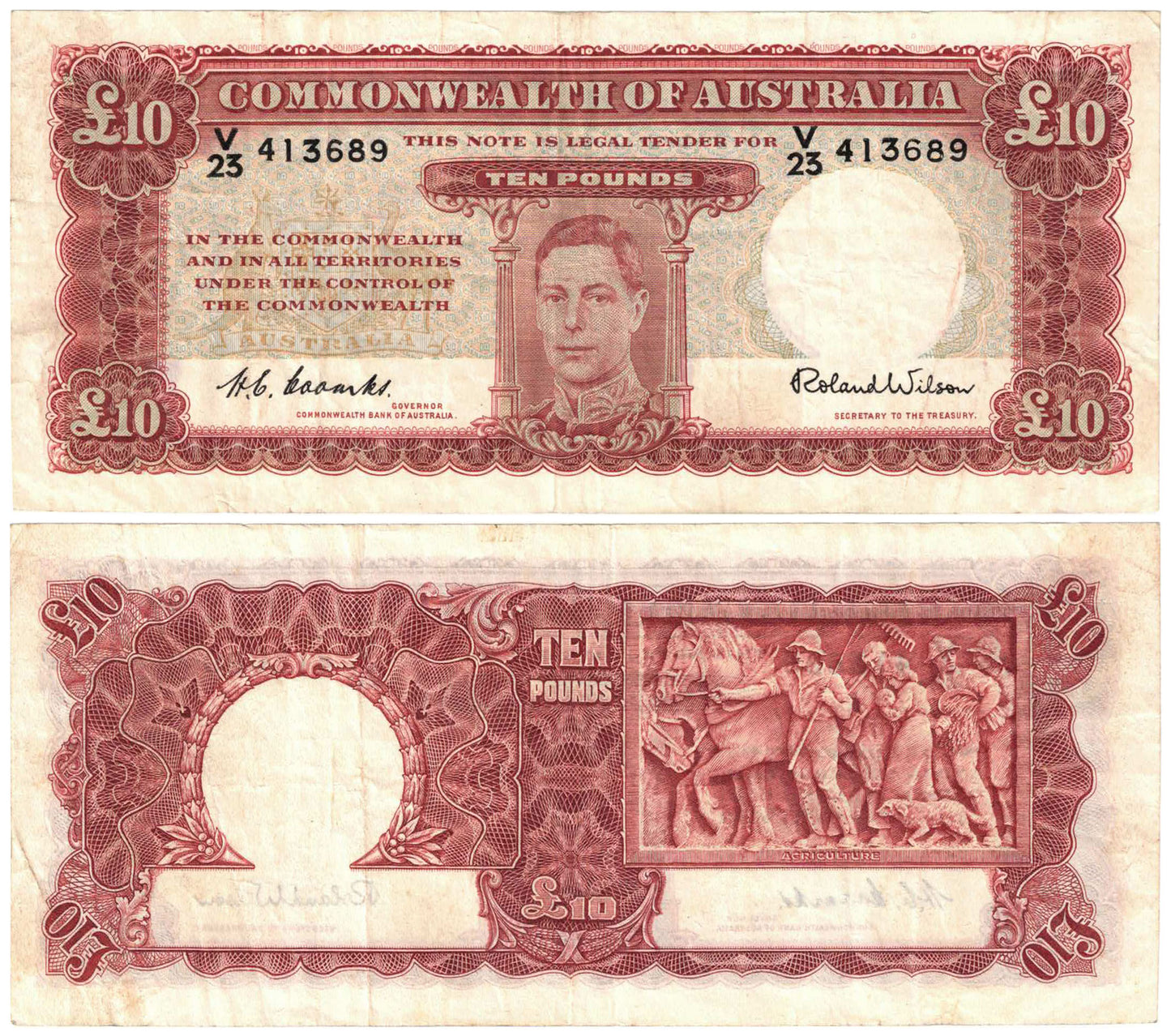 1952 Ten Pounds Coombs/Wilson R61 About Very Fine Banknote