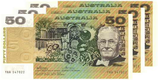 1973 $50 Phillips/Wheeler R505F First Prefix YAA About Uncirculated Consecutive Trio of Banknotes