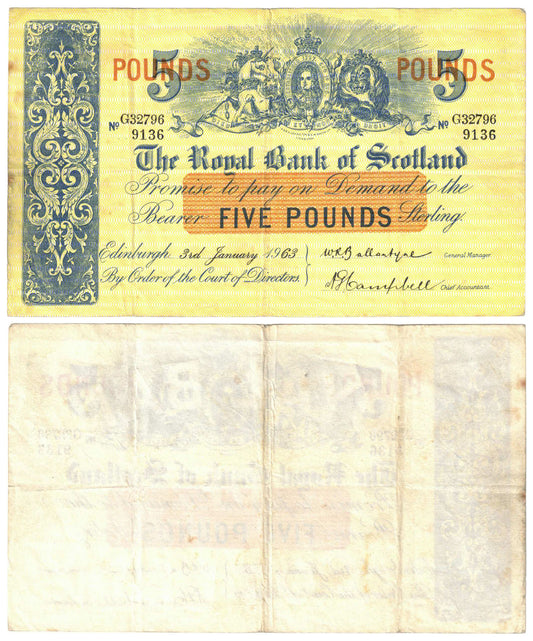 Scotland 1963 Five Pounds Ballantyne/Campbell #323 Very Fine Banknote