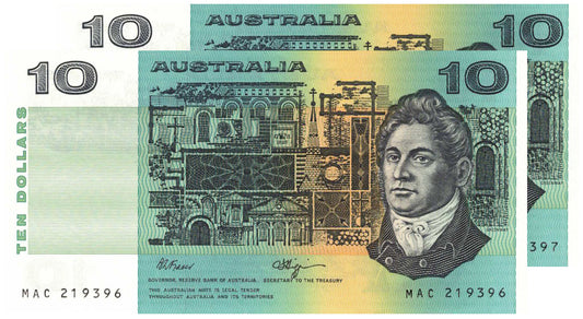 1989 $10 Fraser/Higgins R312 Uncirculated Consecutive Pair of Banknotes