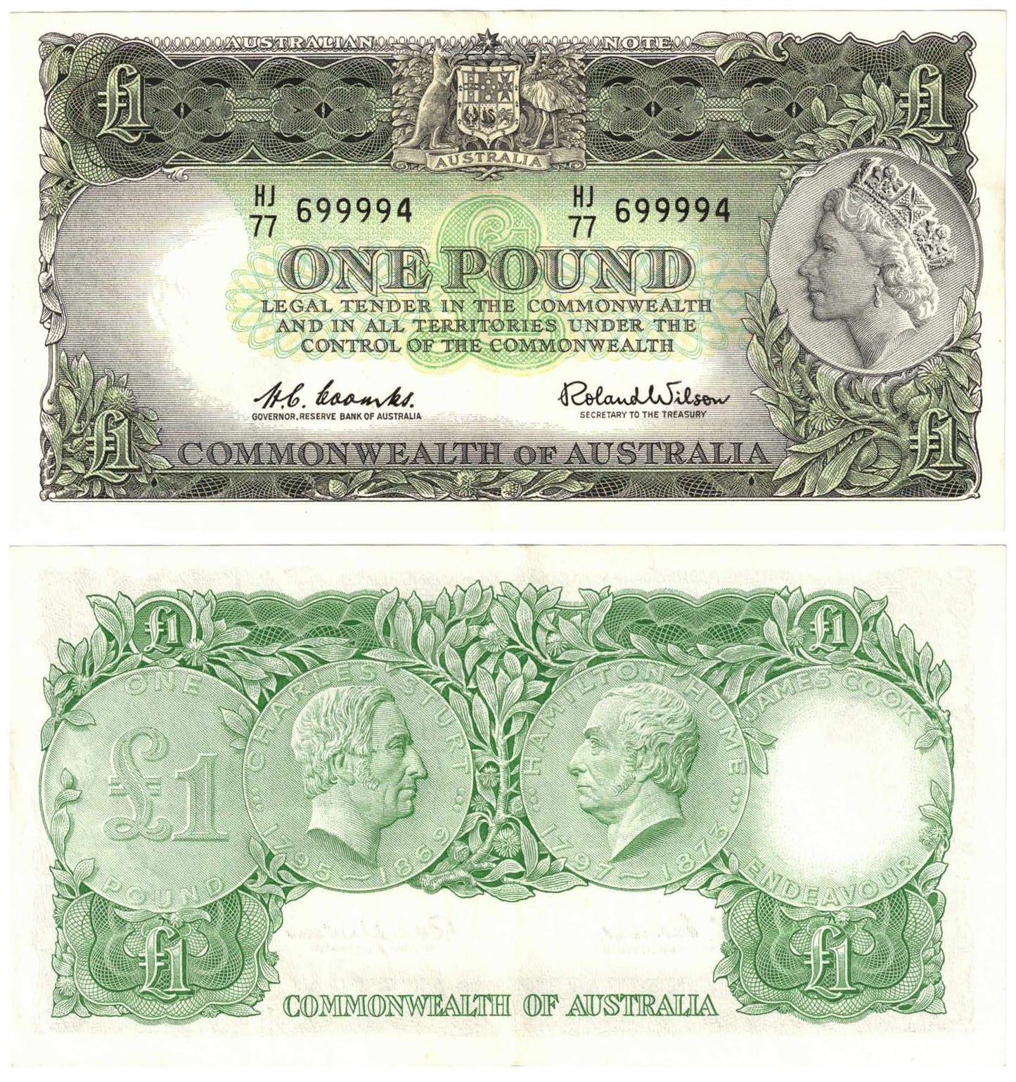 1961 One Pound Coombs/Wilson R34 Reserve Bank of Australia About Uncirculated Banknote