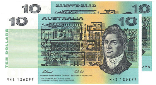 1991 $10 Fraser/Cole R313a With Plate Letter Uncirculated Consecutive Pair of Banknotes