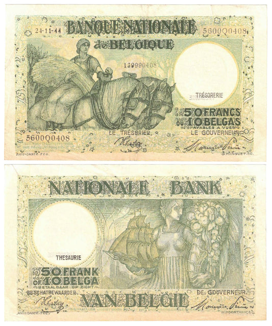 Belgium 1944 Fifty Francs #106 About Uncirculated Banknote