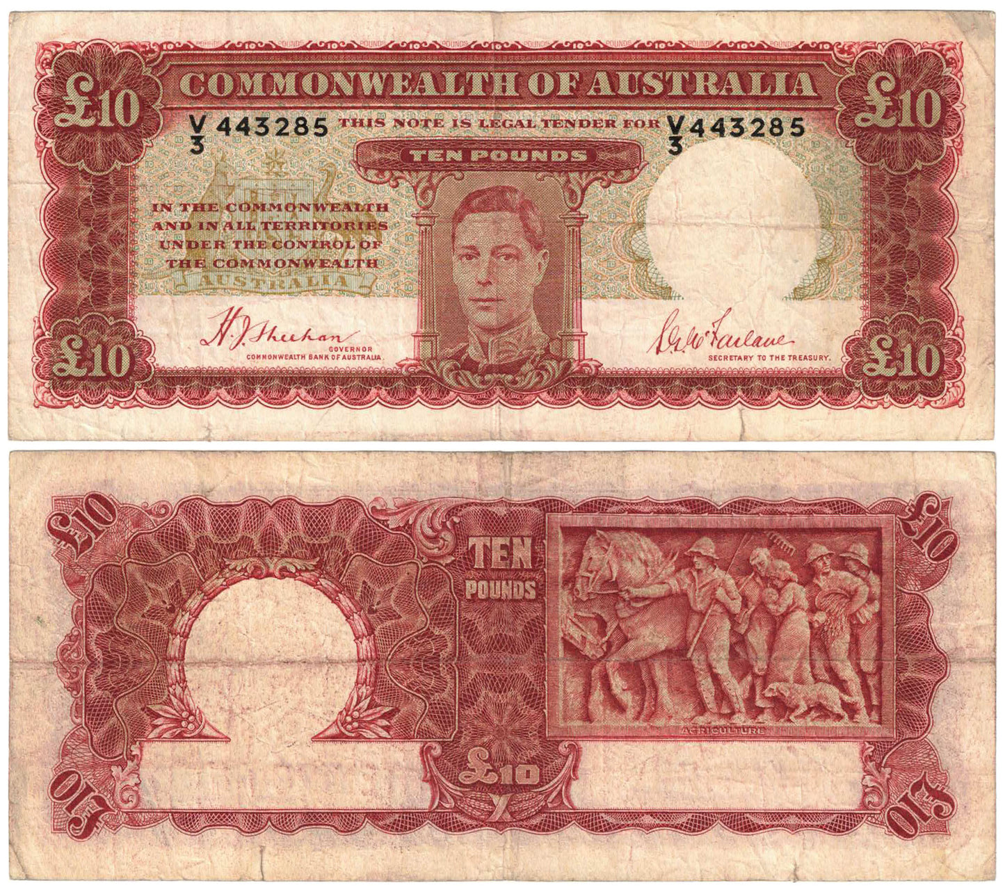 1940 Ten Pounds Sheehan/McFarlane R58F First Prefix V/3 Fine Banknote