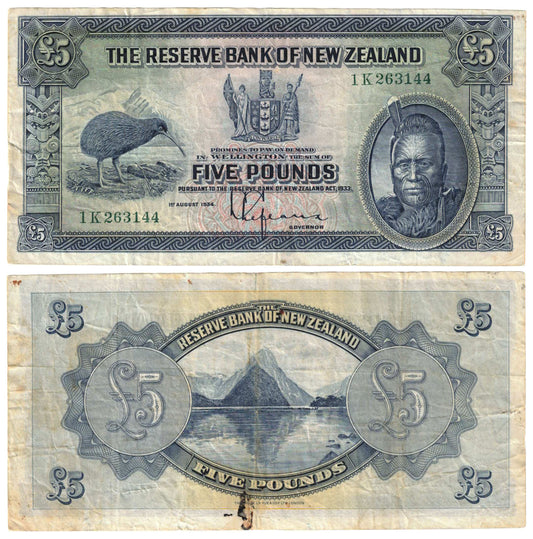 New Zealand 1934 Five Pound Lefeaux P156 Very Fine Banknote