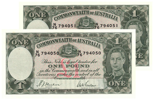 1938 One Pound Sheehan/McFarlane R29 Uncirculated Consecutive Pair of Banknotes