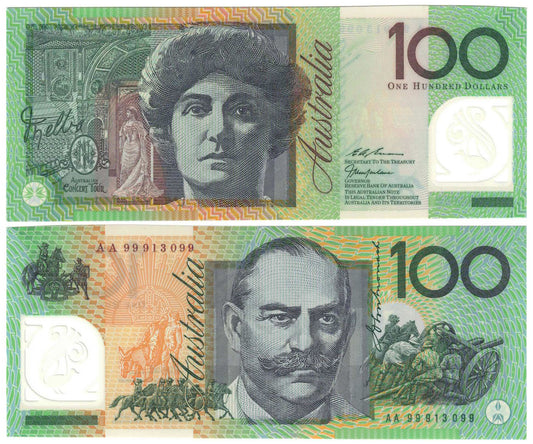 1999 $100 Macfarlane/Evans R618bF First Prefix AA99 Uncirculated Banknote