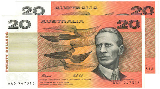 1991 $20 Fraser/Cole R413 Uncirculated Consecutive Pair of Banknotes
