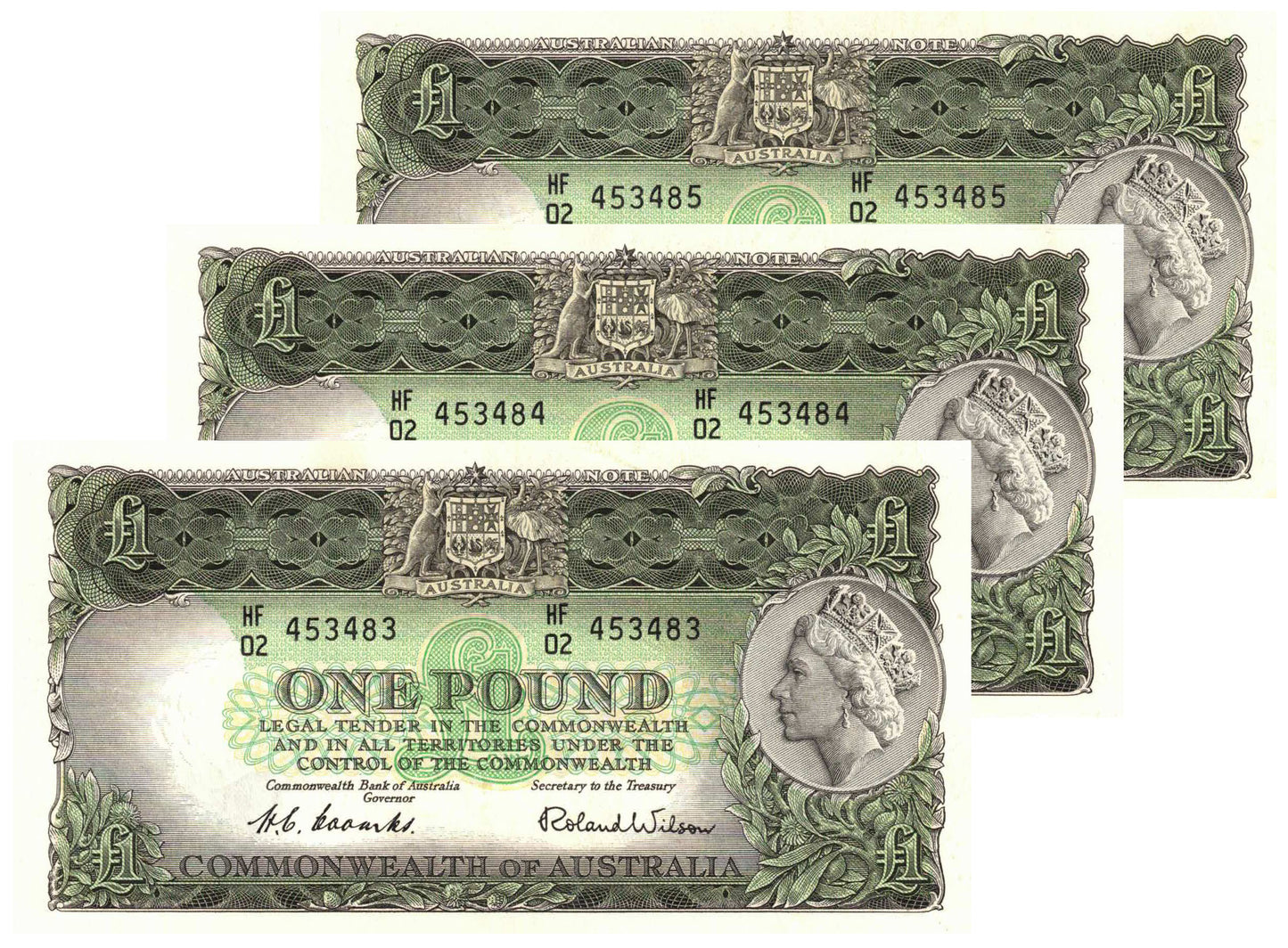 1953 One Pound Coombs/Wilson R33 Commonwealth of Australia About Uncirculated to Uncirculated Consecutive Trio of Banknotes