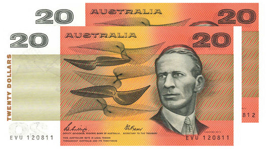 1989 $20 Phillips/Fraser R411 Uncirculated Consecutive Pair of Banknotes