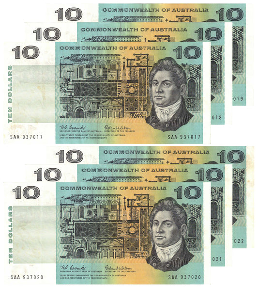 1966 $10 Coombs/Wilson R301F First Prefix SAA Extremely Fine Consecutive Run of 6 Banknotes