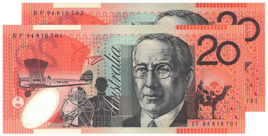 1994 $20 Fraser/Evans R416a Uncirculated Consecutive Pair of Banknotes