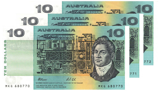 1991 $10 Fraser/Cole R313a With Plate Letter Uncirculated Consecutive Trio of Banknotes