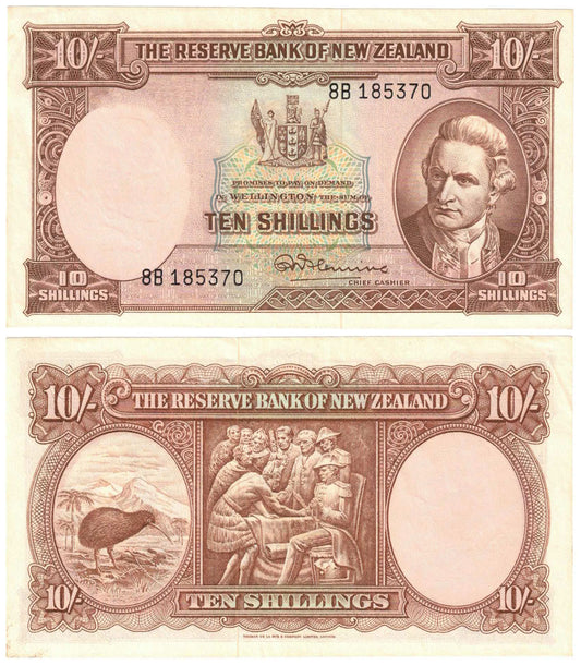 New Zealand (1956-67) Ten Shillings Fleming P158d Security Thread About Uncirculated Banknote
