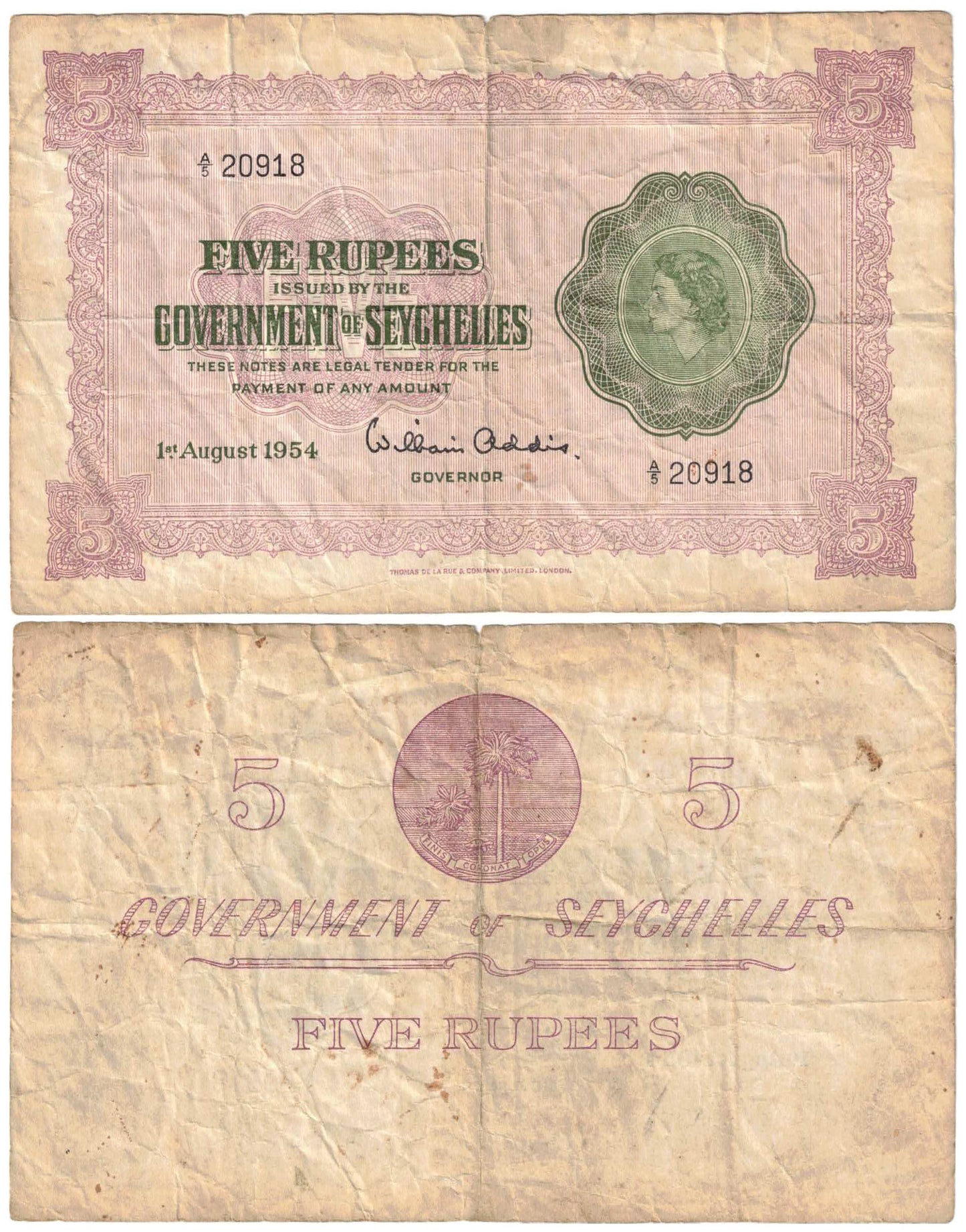 Seychelles 1954 Five Rupees #12a Fine Banknote