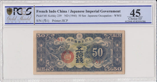 French Indo China ND (1940) Fifty Sen Choice Extremely Fine PCGS 45 Banknote