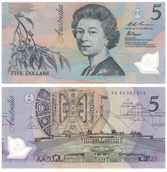 1993 $5 Fraser/Evans R216L Last Prefix EA93 Uncirculated Banknote