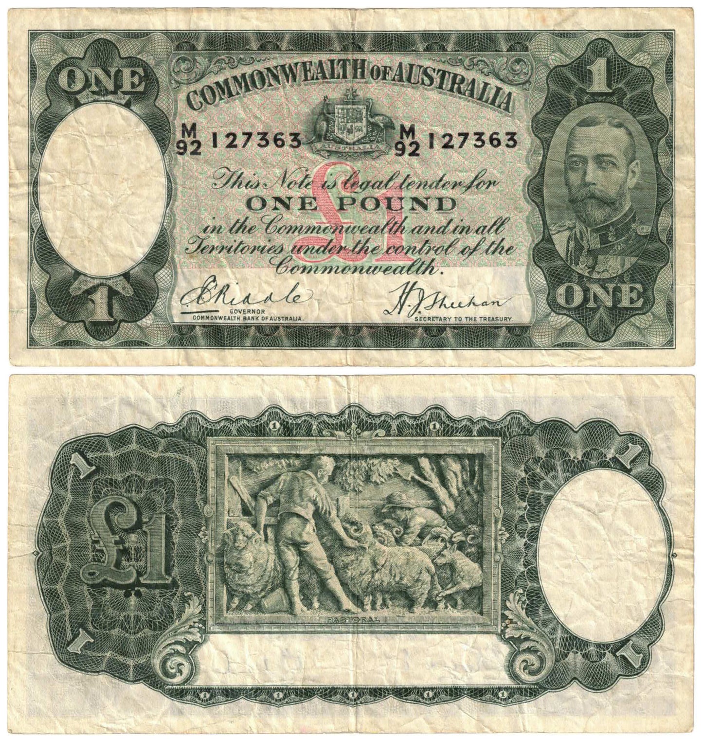 1933 One Pound Riddle/Sheehan R28 Fine Banknote