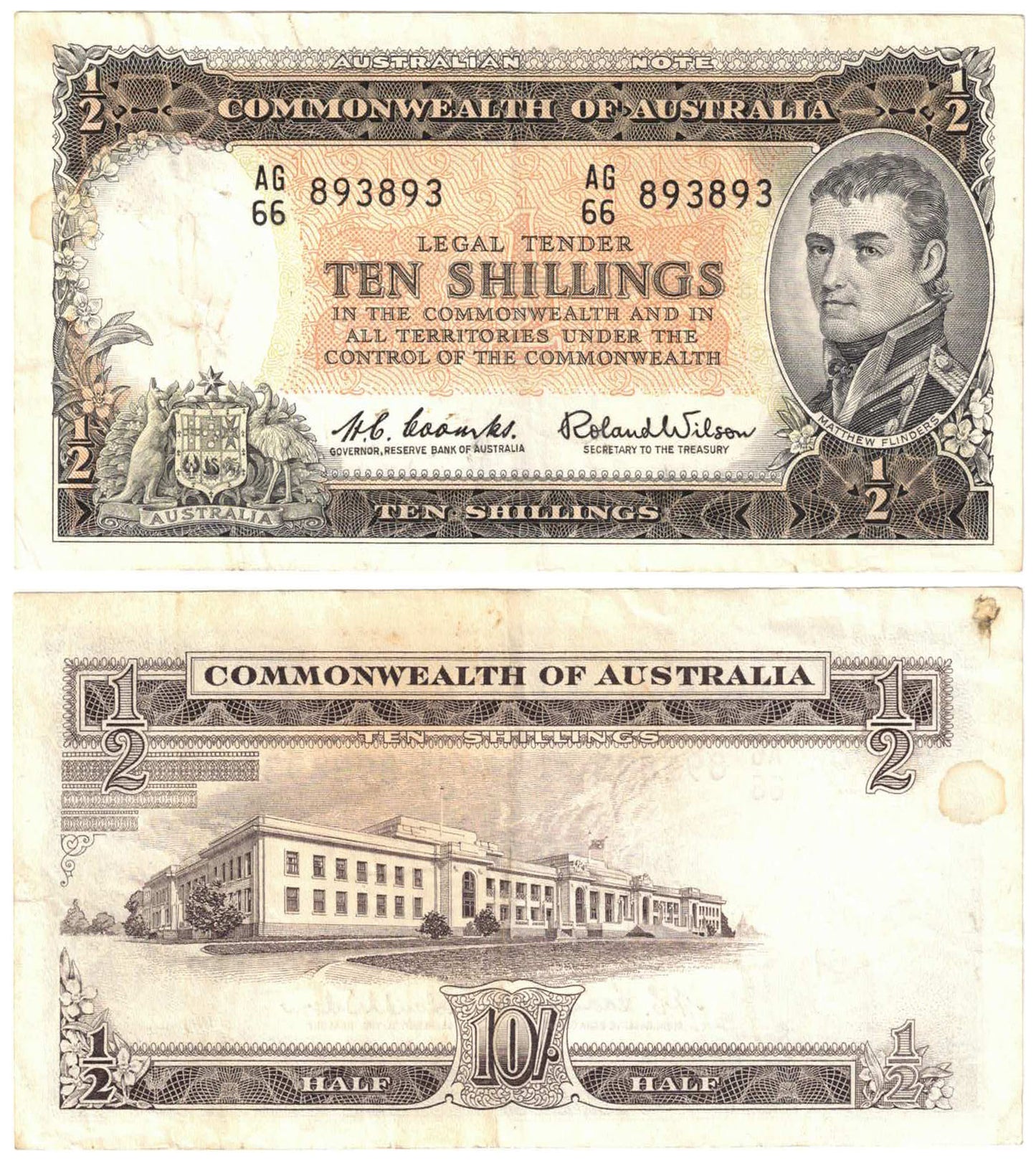 1961 Ten Shillings Coombs/Wilson R17 Reserve Bank of Australia Repeater Serial Very Fine Banknote