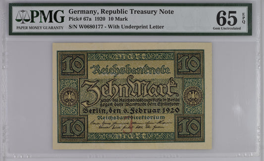 Germany 1920 Ten Mark Pick 67a Gem Uncirculated PMG 65 Banknote