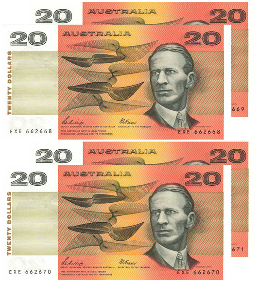 1989 $20 Phillips/Fraser R411 Uncirculated Consecutive Run of 4 Banknotes