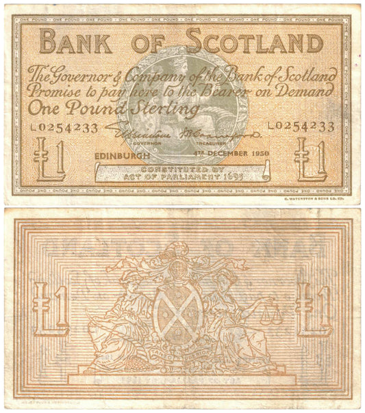 Scotland 1950 One Pound Elphinstone/Crawford #96b Very Fine Banknote