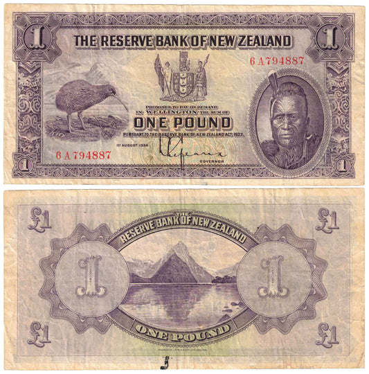 New Zealand 1934 One Pound Lefeaux P155 About Very Fine Banknote