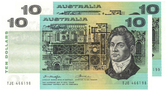 1976 $10 Knight/Wheeler R306b Side Thread Uncirculated Consecutive Pair of Banknotes