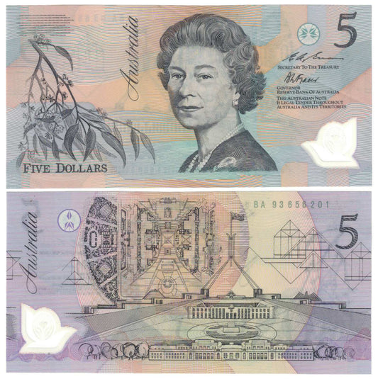 1993 $5 Fraser/Evans R216iF Pale Green First Prefix BA93 About Uncirculated Banknote