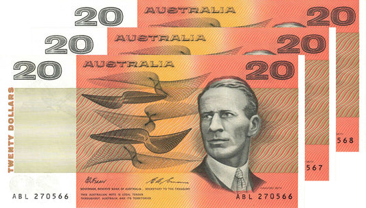 1993 $20 Fraser/Evans R415 Uncirculated Consecutive Trio of Banknotes