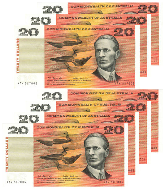 1966 $20 Coombs/Wilson R401 About Uncirculated to Uncirculated Consecutive Run of 7 Banknotes